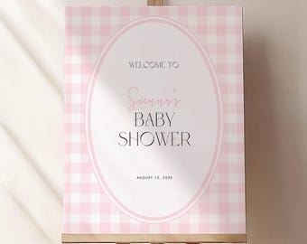 Różowy wzór powitalnego znaku na baby shower, różowy znak na baby shower, różowy plakat powitalny w kratkę, znak na baby shower dla dziewczynki, Canva #GH2506