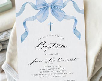 Invito per battesimo da bambino con fiocco blu: invito elegante e stampabile (invito digitale Canvas 5x7)