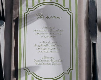Menukaartsjabloon met groene strepen, speels dinermenu, groen bruiloftsmenu, printbaar menu voor een vrijgezellenfeest, Canva-sjabloon #GST2507 OLIVIA