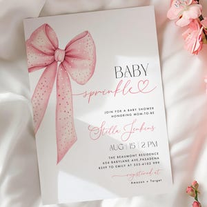 Pink Bow Baby Sprinkle Invitation, Coquette Baby Shower Invite Template, Girl Baby Shower Invite, Baby Girl Sprinkle, Edit in Canva #PCB2508