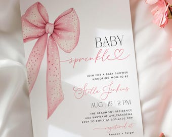 Invito per baby shower con fiocco rosa, modello di invito per baby shower Coquette, invito per baby shower per bambina, granella per bambina, modifica in Canva #PCB2508