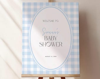 Cartello di benvenuto per baby shower a quadretti blu: poster a quadri, modello Canva (download digitale) #GH2506