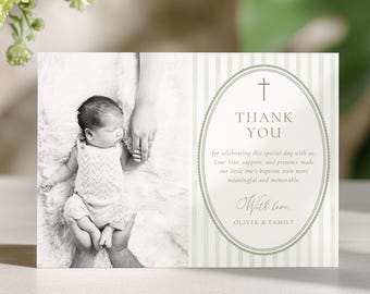 Green Stripe Baptism Thank You Card, Christening Photo Thank You, Editable Canva Menu (Digital Download)