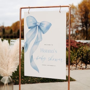 Blue Bow Baby Shower Welcome Sign Template, Coquette Baby Shower Welcome Sign, Baby Boy Baby Shower Sign, Printable Welcome Poster #bl088