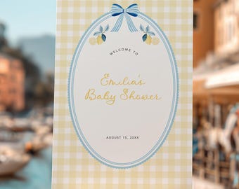 Cartello di benvenuto per baby shower a tema limoni, cartello per baby shower a quadretti gialli, cartello di benvenuto "Stringi forte, piccolo/a", tela #LBA2605