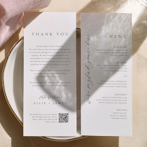 Nota de agradecimiento de boda con código QR y menú, menú de cena minimalista y tarjetas de agradecimiento para la mesa, tarjeta de agradecimiento de recepción, Canva #EJ01 ELLIE