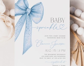 Blue Bow Baby Sprinkle Invitation: Boy Baby Shower, Canva Template