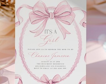 Pink Coquette Baby Shower Invitation: Bow Frame, Canva Template (5x7 Digital Invitation) #PB2508