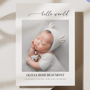 Carte de faire-part de naissance, modèle de carte photo bébé, faire-part de naissance Hello World, faire-part de naissance imprimable, toile #MB01