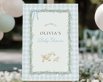 Modello di cartello di benvenuto Silly Goose, cartello per baby shower a quadretti blu, cartello di benvenuto per baby shower Boyl, modello Canva #SG2512