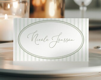 Sage Green Striped Place Cards Template, Baby Shower Seating Name Cards (Canva)