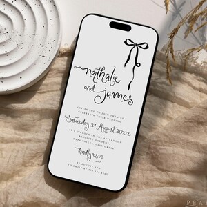 Modelo de convite de casamento com laço, convite de casamento francês, convite eletrônico de casamento, convite de mensagem de texto de casamento coquete, Templett #091