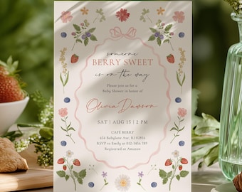 Invitación para baby shower con temática de fresas y arándanos (descarga digital)