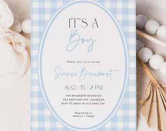 Blue Gingham Baby Shower Invitation, Boy Baby Shower Invite Template, Blue Plaid Baby Shower Invite, Digital Invitation, Canva #GH2506