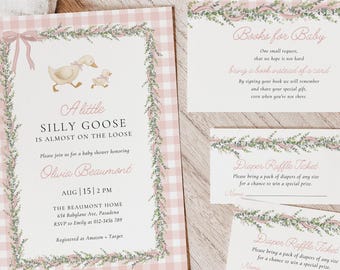 Set di inviti per baby shower Pink Silly Goose, invito per baby shower a quadretti rosa per bambine con lotteria dei pannolini e libri per neonati, Canva #SG2512