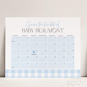 Blue Gingham Due Date Calendar Sign, Boy Baby Shower Calendar Game, Blue Plaid Baby Shower Prediction Sign, Canva Template #GH2506