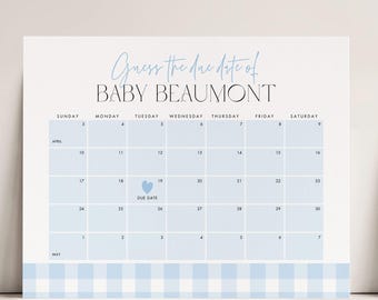 Calendario con data di nascita a quadretti blu, gioco calendario per baby shower, cartello con previsione baby shower a quadri blu, modello Canva #GH2506