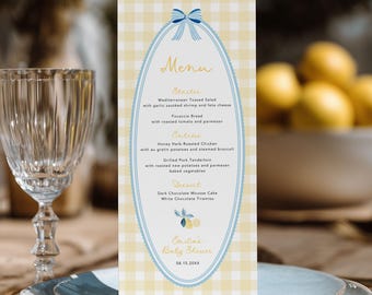 Modello di menu per baby shower a tema limone, menu a quadretti gialli, menu per baby shower a tema agrumi, modificabile con Canva #SG2512