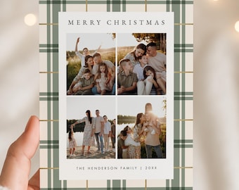 Plaid Christmas Card with Photo, Green Christmas Card Canva Template, Green Plaid Happy Holidays Photo Card, Classic Christmas Card, CANVA
