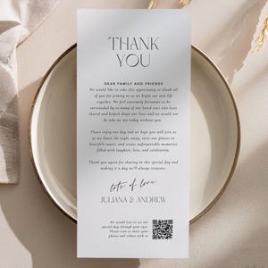 Nota de agradecimiento de boda con código QR, tarjetas de agradecimiento minimalistas para la mesa, tarjeta de agradecimiento sencilla, nota para la configuración de la mesa, Canva #JA2504 JULIANA