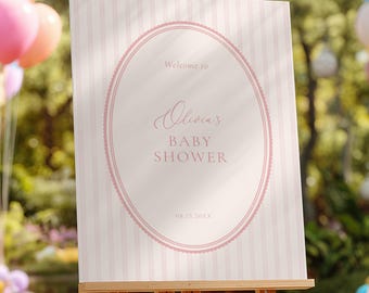 Plantilla de cartel de bienvenida para baby shower a rayas rosas (Canva)