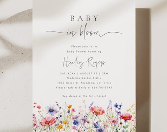 Baby in Bloom Baby Shower Invite Template, Wildflower Baby Shower Invitation, Floral Baby Shower Invite, Editable Template #082