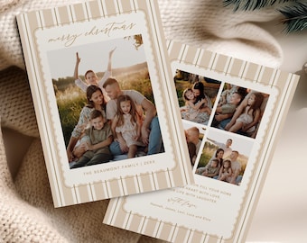 Warm Beige Striped Christmas Card with Photo, Christmas Card with a Scalloped Frame, Happy Holidays Card, CANVA