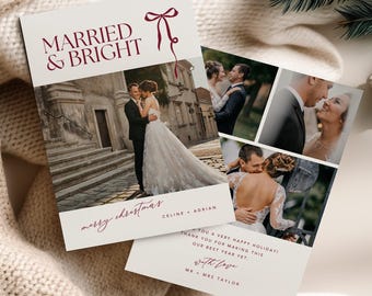 May include: Wedding Christmas cards with the text "Married & Bright" in burgundy. The cards feature photos of a couple and the words "merry christmas" and "with love". The cards are on a beige surface with a knitted blanket.