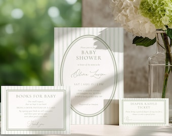 Sage Green Striped Baby Shower Invitation Set, Books for Baby, Diaper Raffle Ticket (Canva Digital Download)