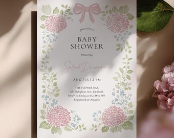 Floral Baby Shower Invitation Template, Baby in Bloom Baby Shower Invite with Coquette Bow, Digital Invitation, Editable in Canva #GM2604