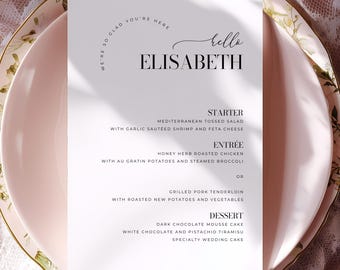 Modello di menu personalizzato, menu minimalista con segnaposto, menu con nomi degli ospiti, segnaposto, modificabile in Canva #MB01 MADDIE