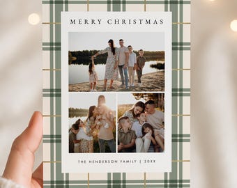 Plaid Christmas Card with Photo, Green Christmas Card Canva Template, Green Plaid Happy Holidays Photo Card, Classic Christmas Card, CANVA