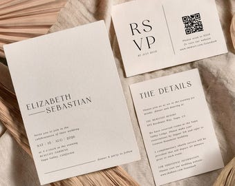 May include: A minimalist wedding invitation suite with a black and white color scheme. The invitation features the names "Elizabeth Sebastian" and the wedding date "Sat 13 Aug 2026". The RSVP card includes a QR code and the text "RSVP by July 2026". The details card includes the wedding location and other information.