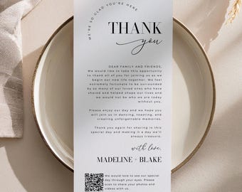 Wedding Thank You Note with QR Code, Minimalist Thank You Table Cards, Simple Thank You Card, Place Setting Note, Edit in Canva #MB01 MADDIE