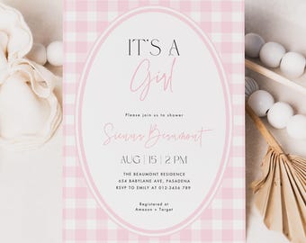 Różowe zaproszenie na baby shower w kratkę, szablon zaproszenia na baby shower dla dziewczynki, zaproszenie na baby shower w różową kratkę, zaproszenie cyfrowe, Canva #GH2506