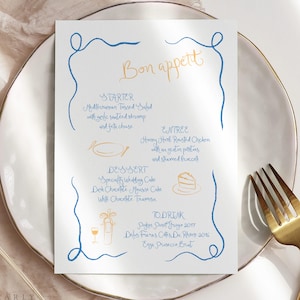 Whimsical Wedding Menu Template, Bon Appetit Wedding Menu, Hand Drawn Doodle Wedding Menu, Blue and Yellow Menu, Templett #096