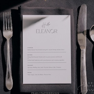 Wedding Menu Card Template, Modern Wedding Menu, Table Setting Menu, Place Card Menu with Guest Names, Canva Menu #JA2504 JULIANA