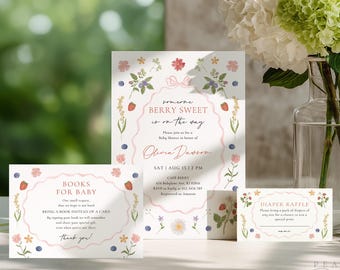 Conjunto de invitaciones para baby shower con temática de fresas y arándanos, libros para bebé, boleto para rifa de pañales (descarga digital en Canva).
