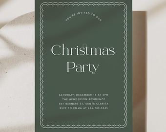 Plantilla de invitación para fiesta navideña verde, invitación moderna para fiesta navideña, invitación clásica para cena navideña.
