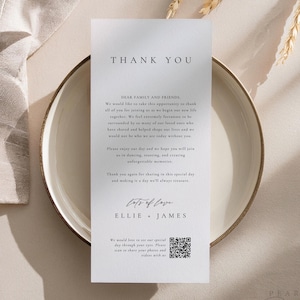 Wedding Thank You Note with QR Code, Minimalist Thank You Table Cards, Simple Thank You Card, Place Setting Note, Canva Template #EJ01 ELLIE