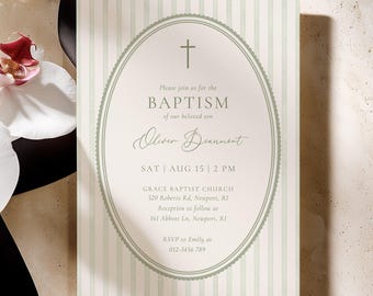 Sage Green Baptism Invitation, Green Stripes Cross, Christening Invite Template (Digital Download) #SBI2603