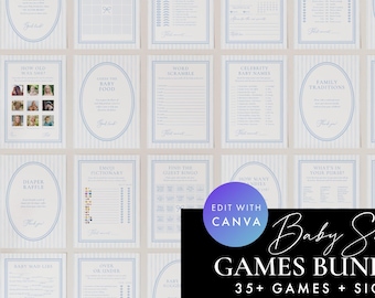 Blue Striped Baby Shower Games Bundle, Boy Baby Shower Games Bundle, Blue Baby Shower Games, Printable Baby Games, Canva