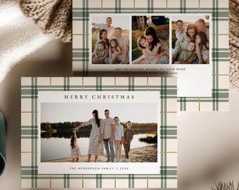 Plaid Christmas Card with Photo, Green Christmas Card Canva Template, Green Plaid Happy Holidays Photo Card, Classic Christmas Card, CANVA