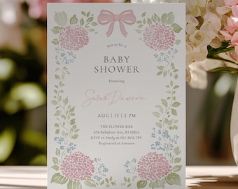Floral Baby Shower Invitation Template, Baby in Bloom Baby Shower Invite with Coquette Bow, Digital Invitation, Editable in Canva #GM2604
