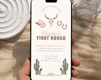 Western Birthday Evite, Girls 1st Birthday Invite, Gowgirl Birthday Text Message Invite, My First Rodeo Birthday Invitation Template #CB093