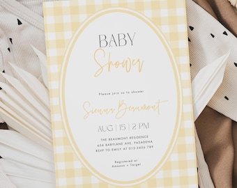 Einladung zur Babyparty mit gelbem Vichy-Karo, Vorlage für eine Babyparty-Einladung, Digitale Einladung mit gelbem Karomuster, Canva #GH2506