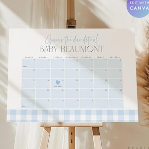 Blue Gingham Due Date Calendar Sign, Boy Baby Shower Calendar Game, Blue Plaid Baby Shower Prediction Sign, Canva Template #GH2506
