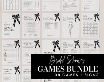 May include: A printable bridal shower game bundle with 38 games and signs. The games are black and white with a black and white plaid ribbon design. The games include: Date Ideas, Bingo, Over Under, Advice and Wishes, Mad Libs, Ring Game, Scattergories, Guess the Kisses, Word Search, Number the Cake, Guess the Dress, Guest Bingo, Ring Hunt, Pictionary, I Love You, What's on Your Phone, Movie Quotes, Word Scramble, Guess Who Said It, Who Knows the Bride Best, Mimosa Bingo, and Custom Sign.