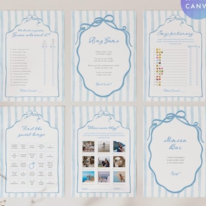 Bridal Shower Games Bundle, Blue Stripe Bachelorette Party Games Bundle, Whimsical Bridal Games, Blue Stripe Bow Games, Canva #BST2507