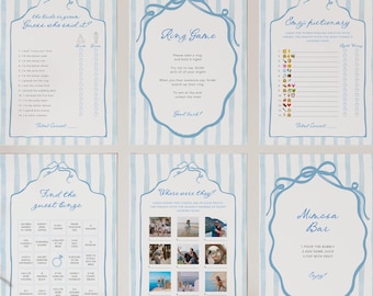 Bridal Shower Games Bundle, Blue Stripe Bachelorette Party Games Bundle, Whimsical Bridal Games, Blue Stripe Bow Games, Canva #BST2507